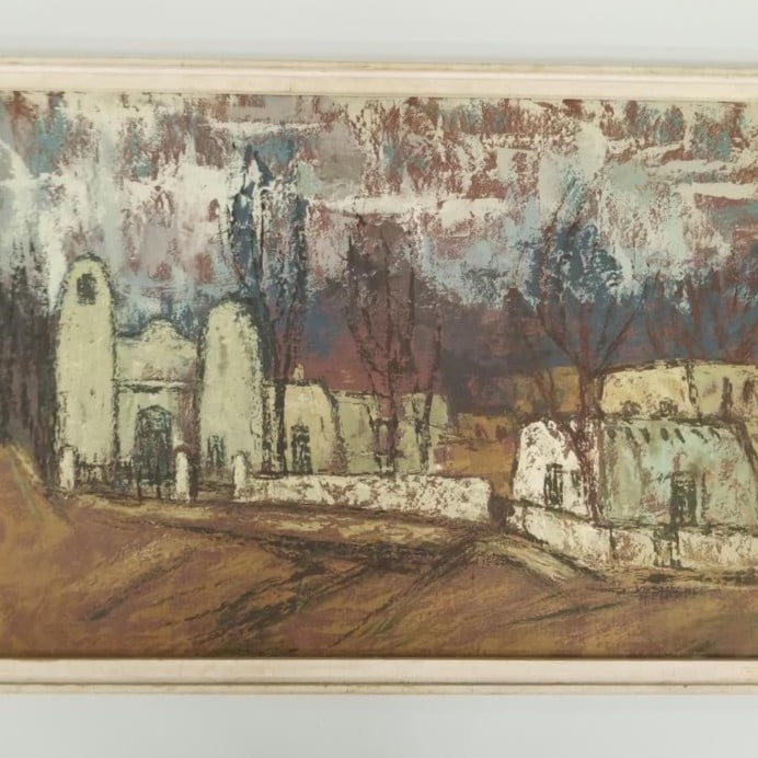 August Molder (1914-1982), Augsburg College professor, signed & titled "Taos II" original oil: August Molder (1914-1982), Augsburg College professor, signed & titled "Taos II" original oil painting on canvas- framed 31 1/4"H 43 1/4"W OD