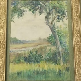 Emilie Marie De Hoa LeBlanc- Newcomb College artist pencil signed watercolor "The Bayou" framed 16