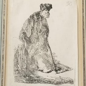Rembrandt Harmenszoon Van Rijn signed etching "Man in a Coat and Fur Cap Leaning Against a Bank"- 4