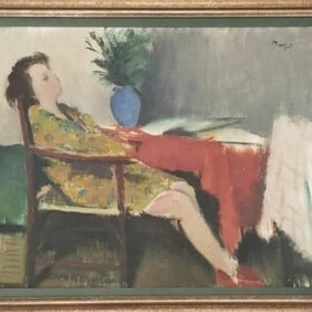 Signed oil painting on board: reclining figure- signature illegible- framed 18 1/2"H 22"W OD