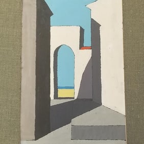 Vintage mid-century oil painting on board: buildings- framed 30 1/4"H 23 1/4"W O.D.