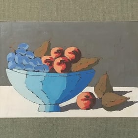 Vintage mid-century oil painting on board: fruit- framed 24 1/4"H 29 1/4"W O.D.
