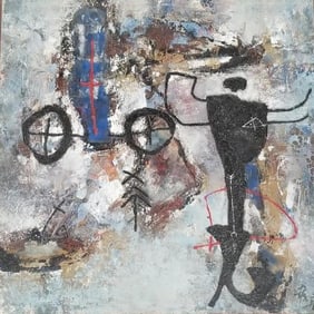 Zhou Brothers signed mixed media on canvas: under glass- framed 49 3/4"H 49 3/4"W O.D. w/ book