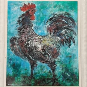Vu Cao Dam framed signed oil painting on canvas: rooster- 27 1/2"H 24"W