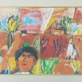Eugene Brands, Dutch, signed & dated 1959 oil painting & gouache on board: "Woman in Park" framed