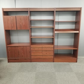 Mid-century rosewood veneer wall unit/ bookcase- Approximately 9' W 8' 9" T 18"D w/ extra shelves/