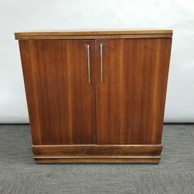 Mid-century teak & oak bar with flip-top: Saginaw Furniture Chicago, IL- 36"H 36"W 18 1/8"D (minor