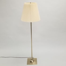 Mid-century brass colored floor lamp with shade- 58"H overall; 17 1/2"D of shade
