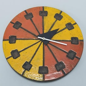 George Nelson Bitossi Meridian ceramic wall clock- working- 14" D 2 3/4"D (chip to internal rim;