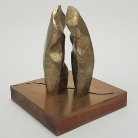 Georgette Sosin signed and numbered #1 sliding sculpture on brass & wooden base- 12"H 10"W 10"D