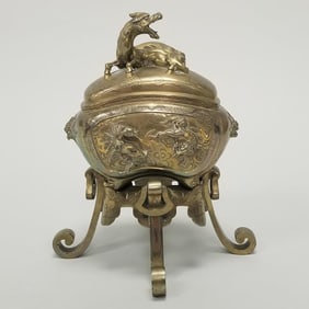 3-piece Chinese bronze figural incense burner: 10"H 9"W 7 5/8"D