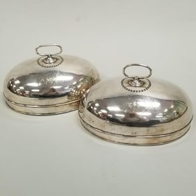 2 antique tested silver entree covers with Cholmondeley crest, pierced design & replaced handles-