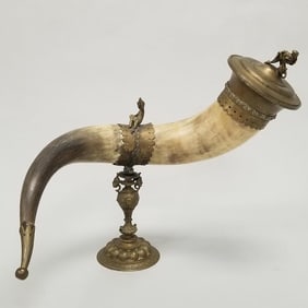 Large antique drinking horn with ornate figural brass mounts- 17"H 21"W 12"D