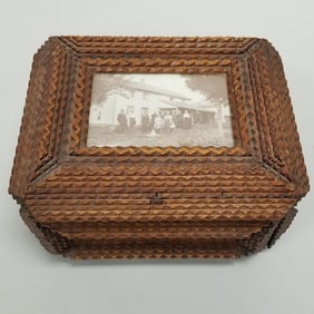 Antique tramp art carved vanity box with drawer & portrait top- 7"H 10 1/2"W 12 1/2"D closed