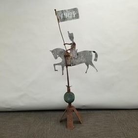 Antique metal folk art weathervane/ lightning rod- military man on horse "1904" 59 1/4"H 23 1/2"W