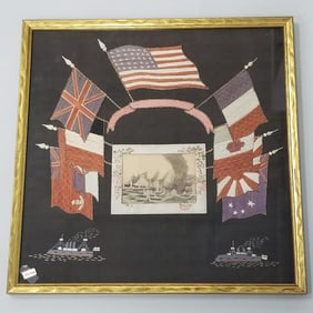 Antique Sailor's Souvenir framed embroidery of flags & ships- 22 1/2"H 22 1/4"W