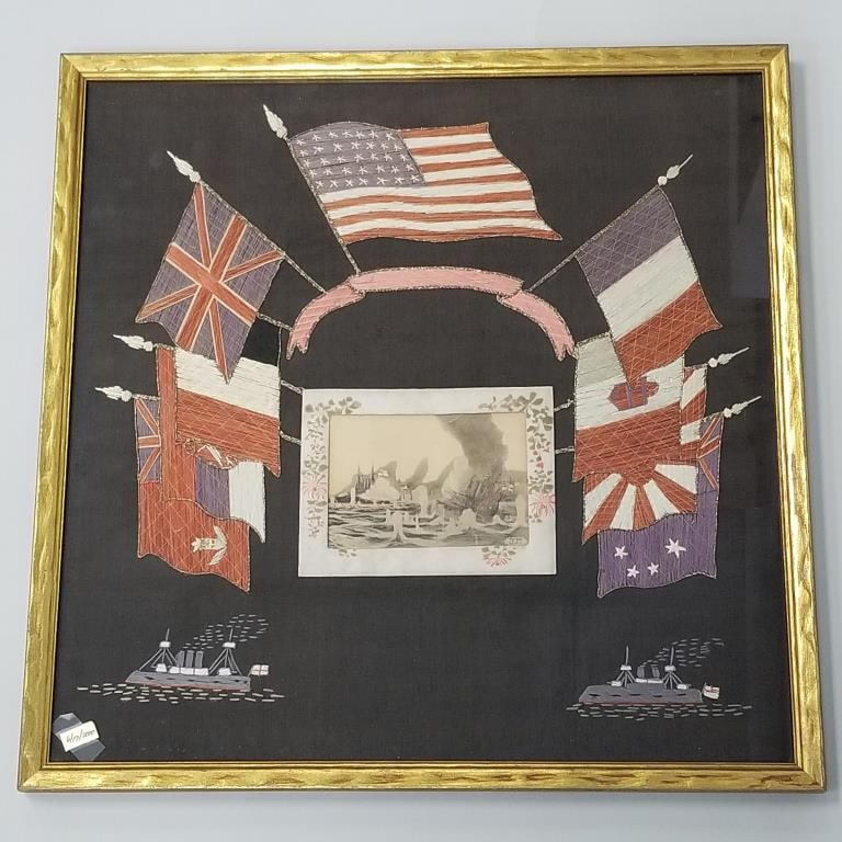 Antique Sailor's Souvenir framed embroidery of flags & ships- 22 1/2"H 22 1/4"W (1 of 9)