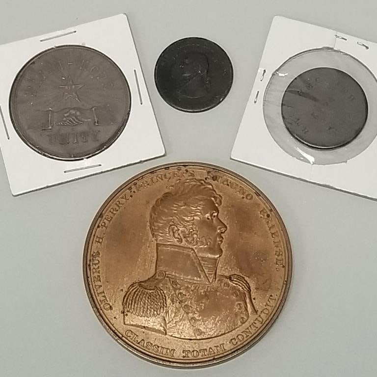 4 historical, etc metal tokens/ medallion incl. H.M.C. "1779", Madison, Perry, etc.- 2 1/2" diameter: 4 historical, etc metal tokens/ medallion incl. H.M.C. "1779", Madison, Perry, etc.- 2 1/2" diameter largest