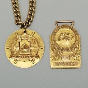 2 vintage gold filled medals: Minneapolis Aquatennial 1955 Queen's Committee on bracelet & 1951 U.S.