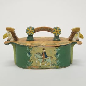 Scandinavian hand painted Tine box with carved heads- 12"L 6"H