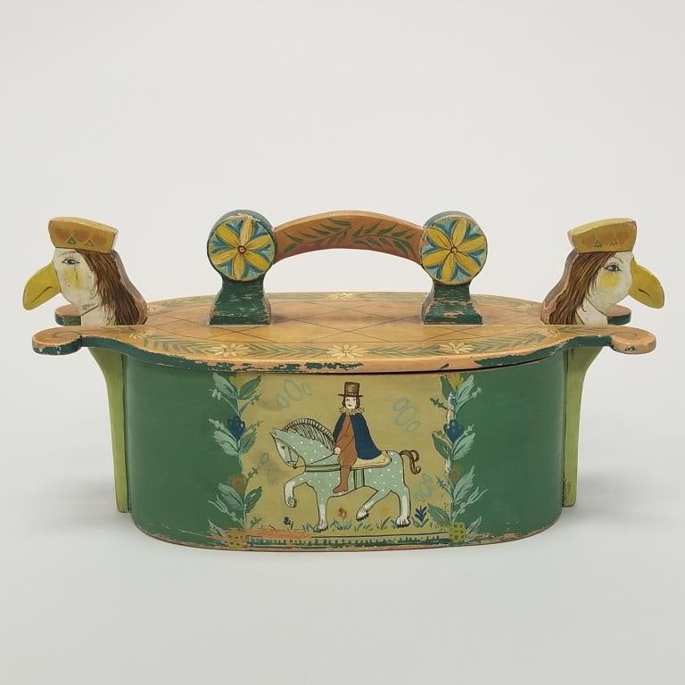 Scandinavian hand painted Tine box with carved heads- 12"L 6"H (1 of 10)