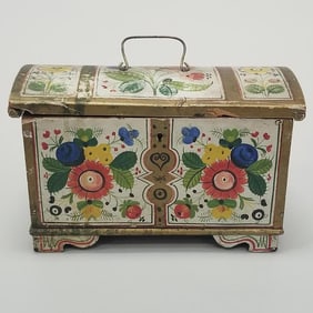 Scandinavian small hand painted lift top dome box (as seen- losses, etc.) approx. 5 1/2"H 9"W 5"D
