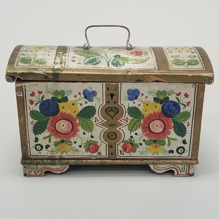 Scandinavian small hand painted lift top dome box (as seen- losses, etc.) approx. 5 1/2"H 9"W 5"D (1 of 14)