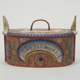 Scandinavian hand painted Tine box- 6 5/8"H 10 3/4"W 6 1/2"D