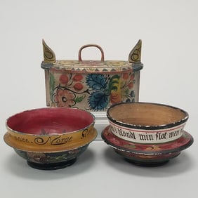 3 Scandinavian hand painted items incl 2 small bowls- 3"H 5 3/4"W largest & small Tine box 4 5/8"H 6