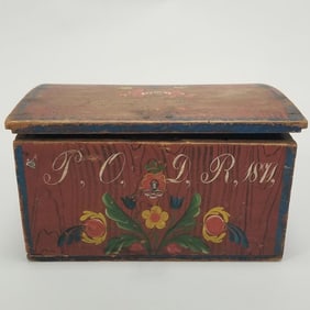 Scandinavian hand painted dated 1811 small document trunk with secret bottom & key- 7 1/2"H 12 1/4"W
