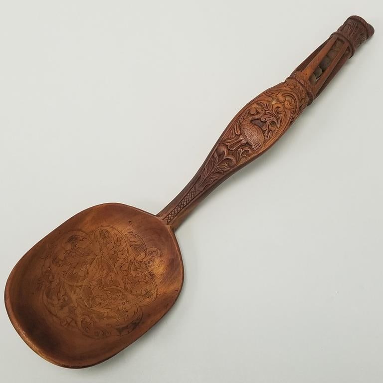Large Scandinavian antique carved wood spoon/ whimsy- dated 1681?- 17"L (1 of 13)