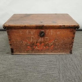 Antique dovetailed wood trunk dated 1816 with painted floral design & key- 14 3/4"H 31"W 19 1/2"E