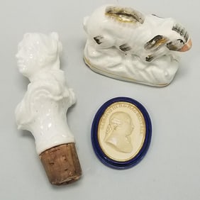 3 pieces early porcelain, etc: Staffordshire rabbit, Nymphenburg cane handle, George III mini