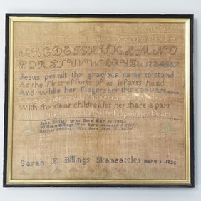 Early framed needlework sampler- dated 1835- Sarah Billings- Skaneateles- 1836 (as seen- fabric
