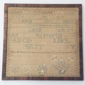 Early framed needlework sampler: signed 17 3/4"H 18 1/8"W