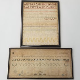 2 framed needlework samplers: 10 1/2"H 21 1/2"W & 17 3/4"H 14 1/8"W