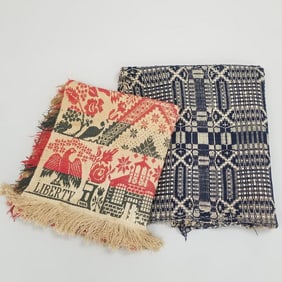 2 early coverlets incl. multi-colored (as seen- wear, holes, etc.) Approx 6' 4" x 5' 8" & 7' 3" x 5'