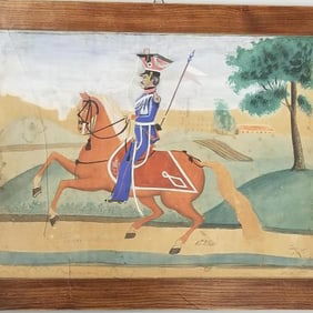 Antique military painting: officer on horse dated 1828 (as seen- paper loss, cracked glass) framed