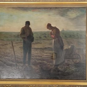 Vintage signed with initials copy "The Evening Prayer" oil painting on panel in ornate frame (some