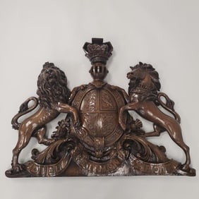 Large antique carved wood Royal Coat of Arms plaque (professionally restored & refinished) 36"H 48"W