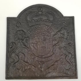Antique cast iron fireback with Royal Coat of Arms marked T. Elsley on reverse- 23 3/4"H 21 1/2"W