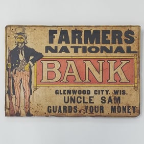 Farmers National Bank- Uncle Sam- Glenwood City, Wis advertising sign mounted on wood frame- 13