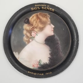 Advertising Paul Eames Red Wing, MN round tin tray- Christmas 1908- Pretty Lady- The Meek Company