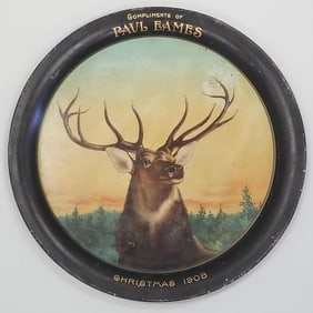 Advertising Paul Eames Red Wing, MN round tin tray- Christmas 1908- Elk- The Meek Company (as