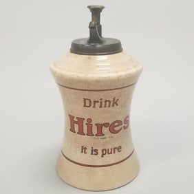 Hires Root Beer advertising soda fountain syrup dispenser (as seen- hairlines, crazing) 14"H