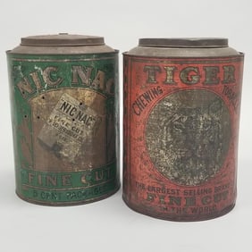 2 canisters: Rare Nic Nac Tobacco & Tiger Tobacco: 12"H 8"D