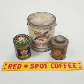 4 coffee adverting items: Blue Bird container- 8" x 7 1/2"; Red Spot sign- 20" x 2 1/2"; White Star