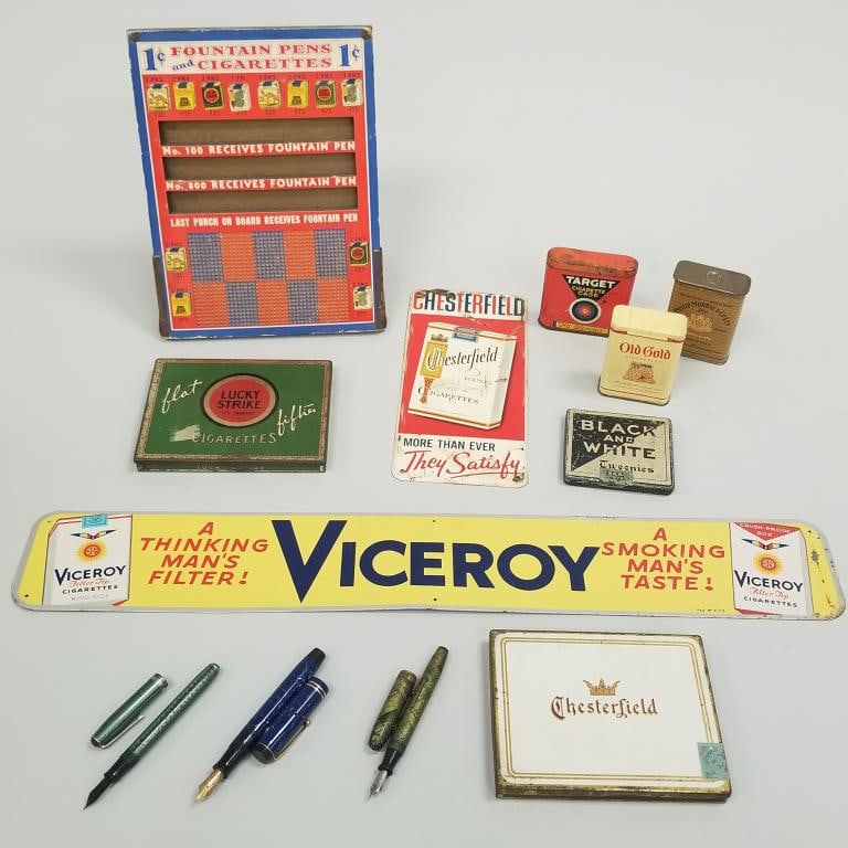 Collection advertising items incl punch board 'Fountain Pens and Cigarettes', fountain pens incl. (1 of 18)