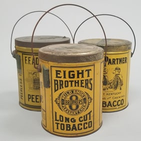 3 vintage advertising tobacco pails incl rare Old Partner, Peerless & Eight Brothers- approx. 6