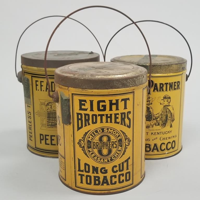 3 vintage advertising tobacco pails incl rare Old Partner, Peerless & Eight Brothers- approx. 6 (1 of 14)